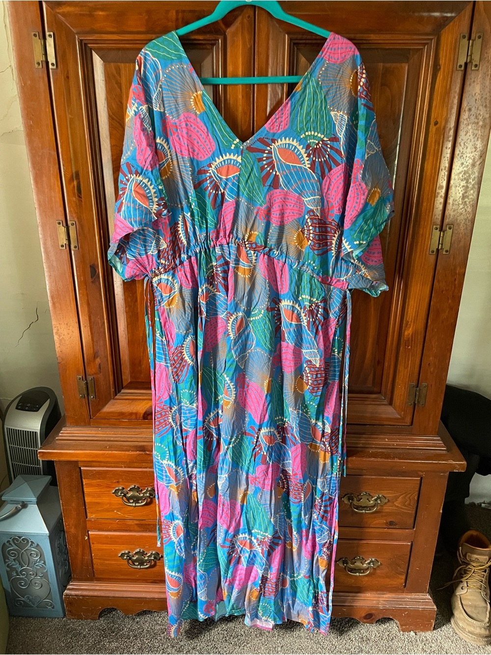 Anthropologie Teal & Pink Floral-Print V-Neck Maxi Dress - Picture 1 of 3